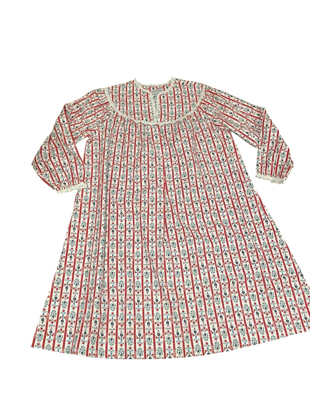 Womens XL Lanz of Salzburg Nightgown Floral Stripe Lace Trim Red House dress